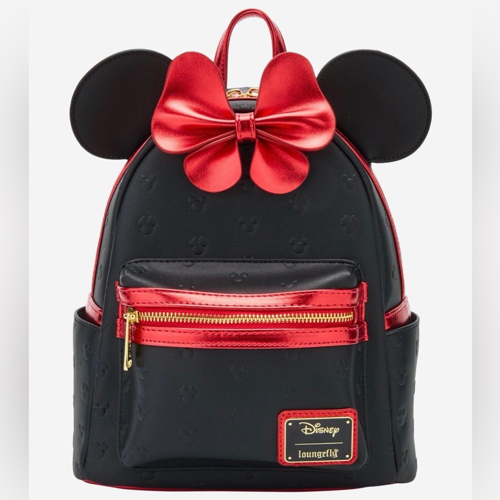 Loungefly Disney Minnie Mouse metallic Red Bow ears Backpack exclusive New!